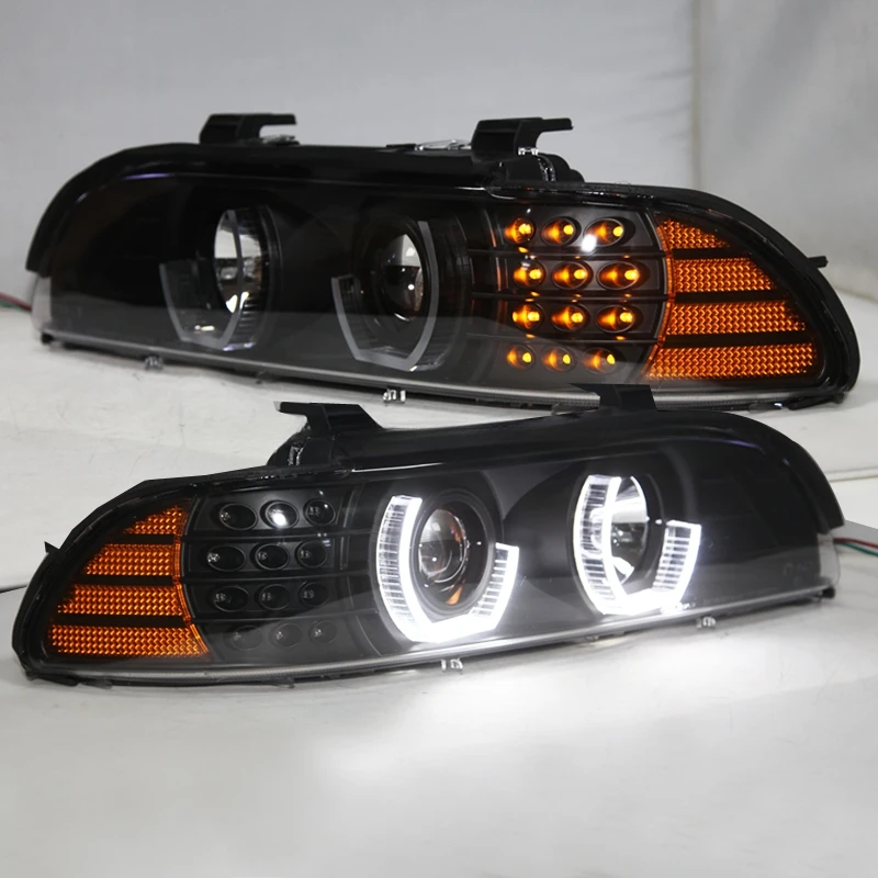 For  E39 Head Lamp Angel Eyes 1995-2003 Black Housing Yellow Reflector JX