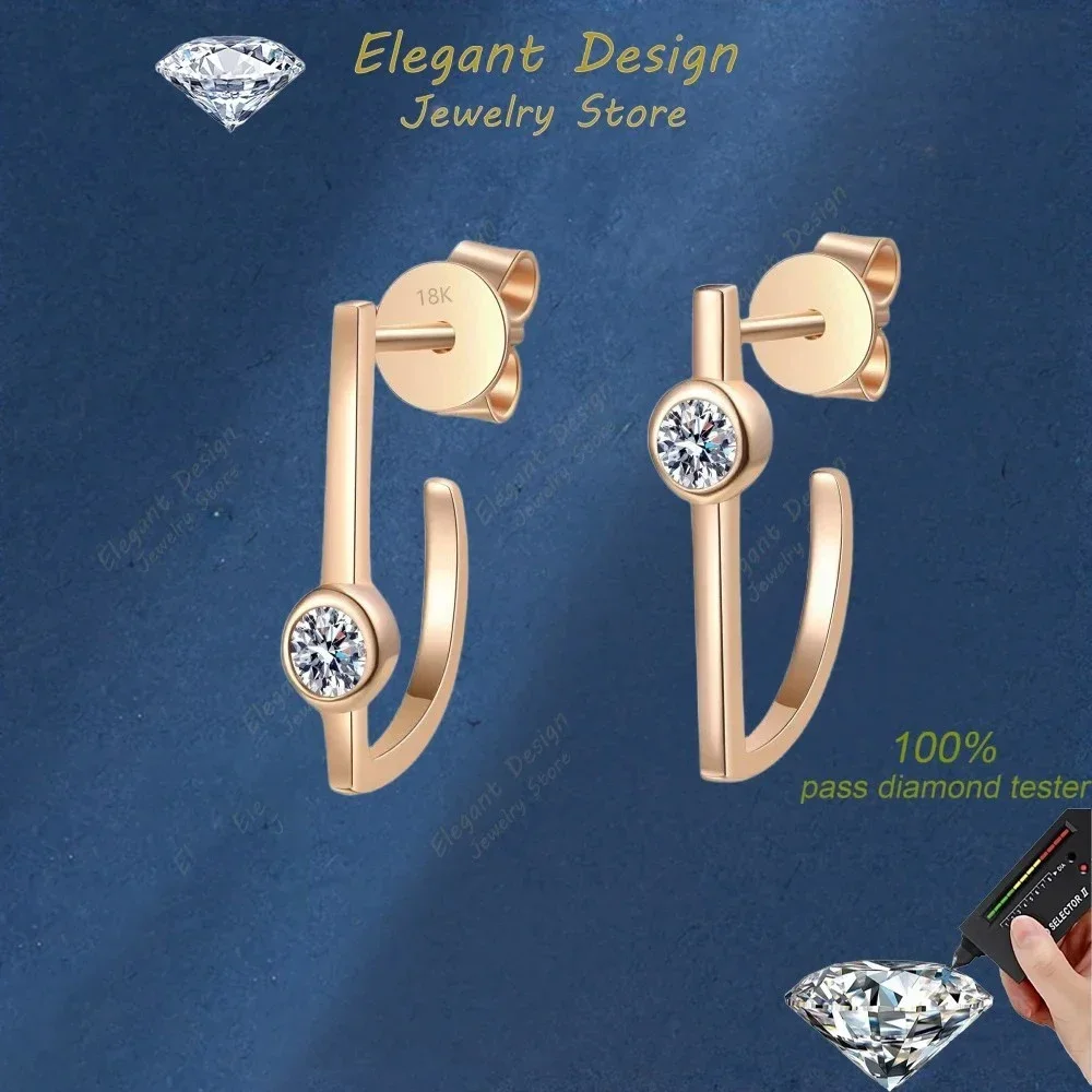 Champagne Gold 18K Line Earrings Women Wedding Fine Jewelry 0.2CT Moissanite Diamond Ear Studs Valentine's Day for Her