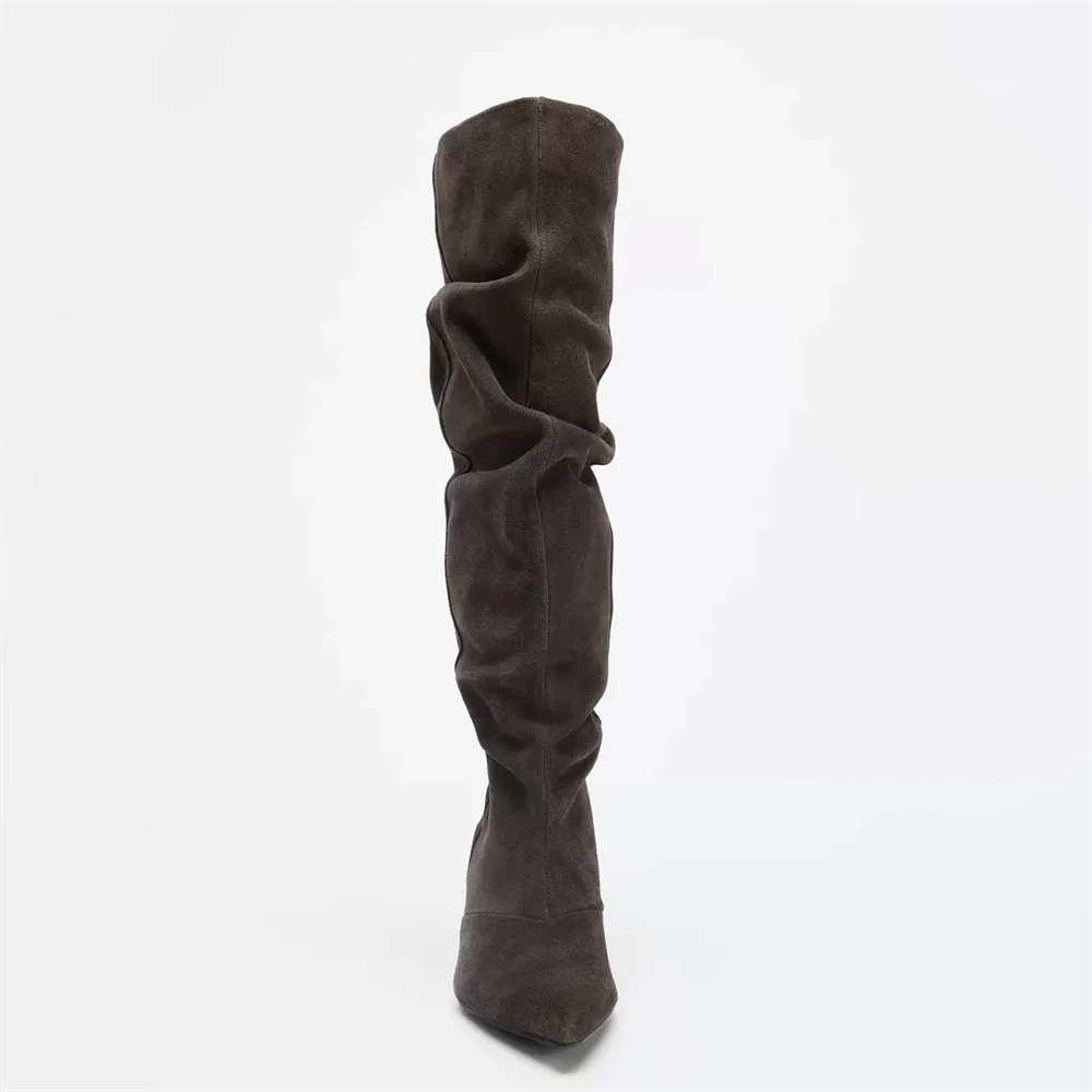 Women's Cow Suede Knee-High Boots - Pointed Toe Kitten Heel