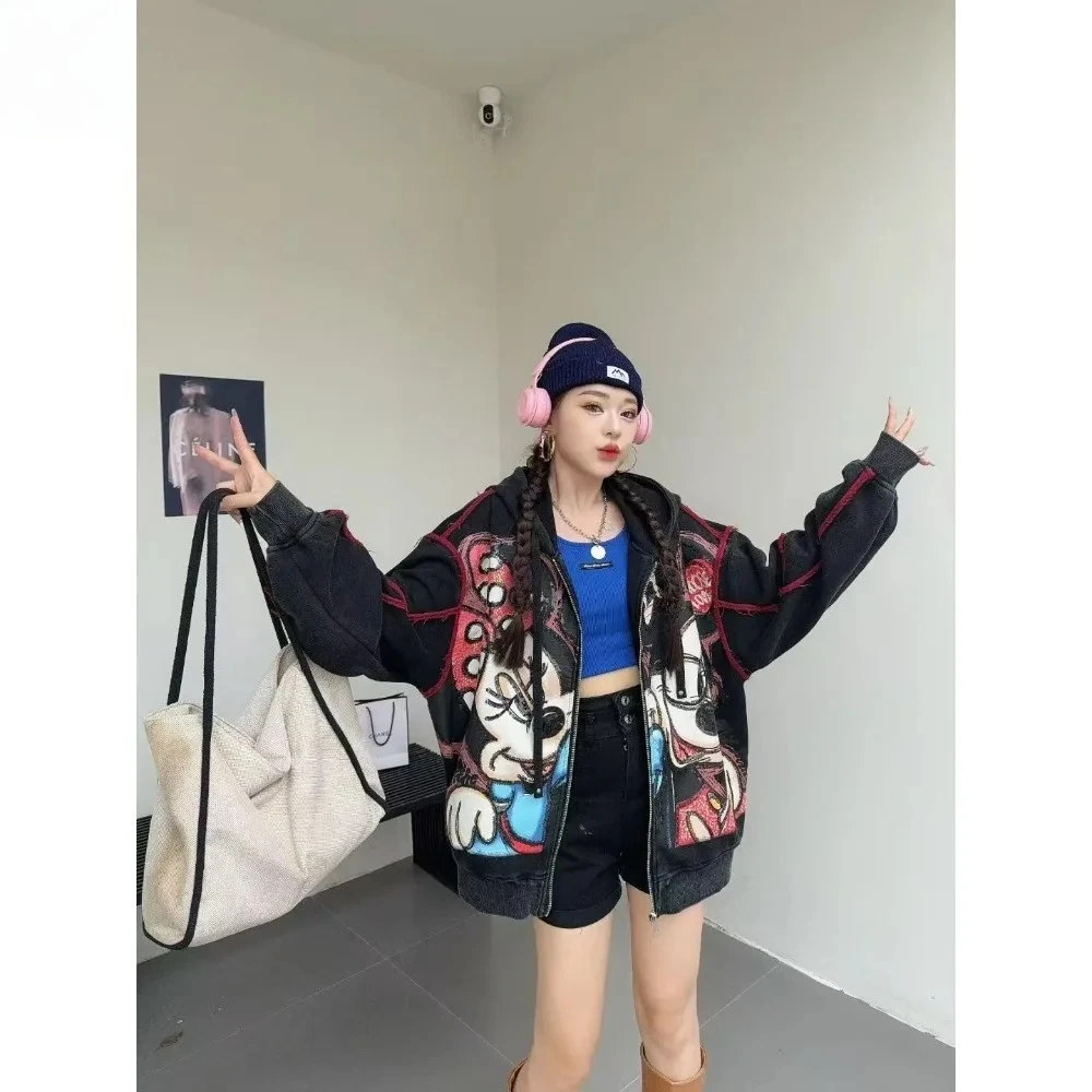 Outono nova chegada feminina jaqueta casual-resistente impresso padrão dos desenhos animados oversized versátil topo para uso diário/gravos de semana