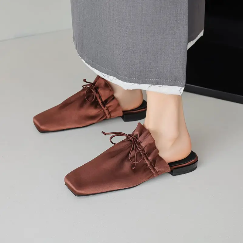 MORAZORA 2024 New Real Leather Women Mules Slip On Square Toe Handmade Retro Ladies Flat Slippers Summer Casual Street Shoes