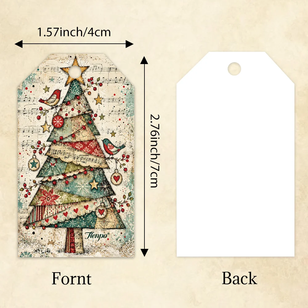 40pcs, Gift Tags, Folk Collage Christmas Tree, Hanging Paper Labels for Gift Wrapping, Holiday Party Decor with String