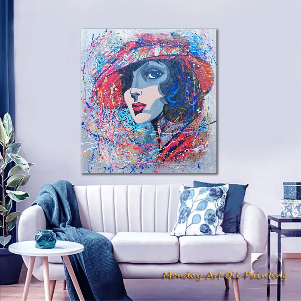 Hand Painted Abstract Oil Painting Woman Portrait Texture Feminist Living Room Picture Figurative Female Original Blue Pop Art