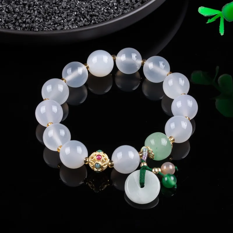 Natural Lychee Jelly Chalcedony Beaded Bracelet Multicolor Gemstone Donut Charm Bracelet Chinese Style Handmade Tassel Bracelet