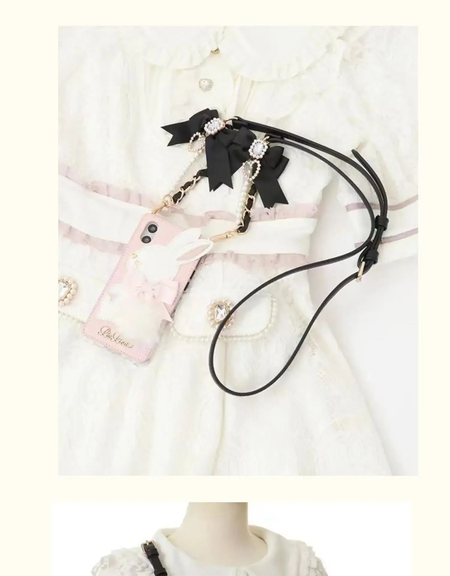 Handmade Japanese Liz Fashion Adjustable Pu Leather Phone Crossbody Chain Pearl Bow Gem Lovely Bag Chain Cute Bag Accessories