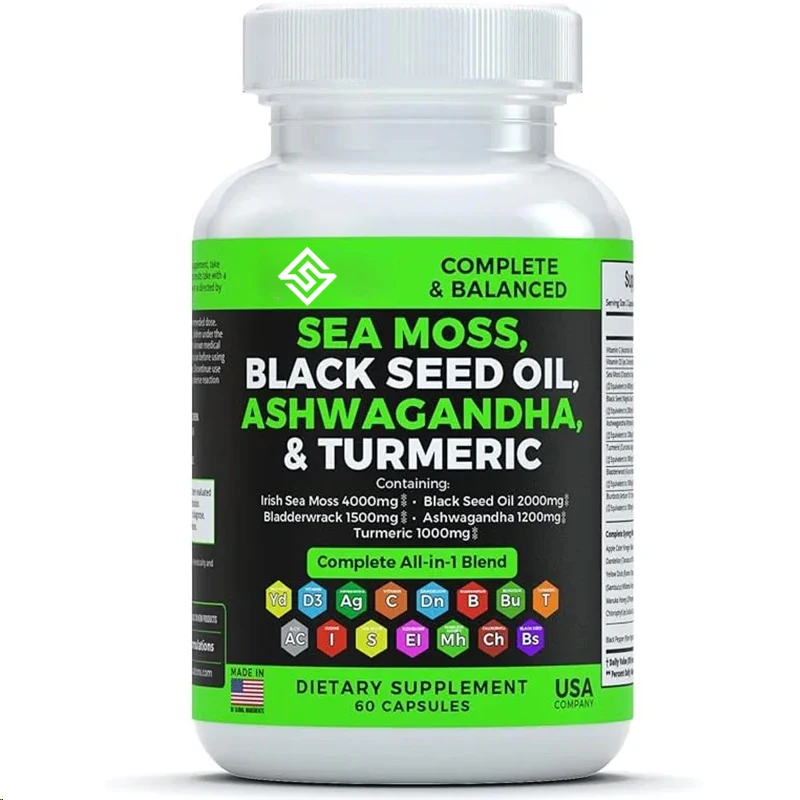 

Добавка из морских водорослей, смешанная с черным семянным маслом, мочевым пузырем, южноафриканскими пьяными баклажанами, куркумой, лопушком, витамином С и D3