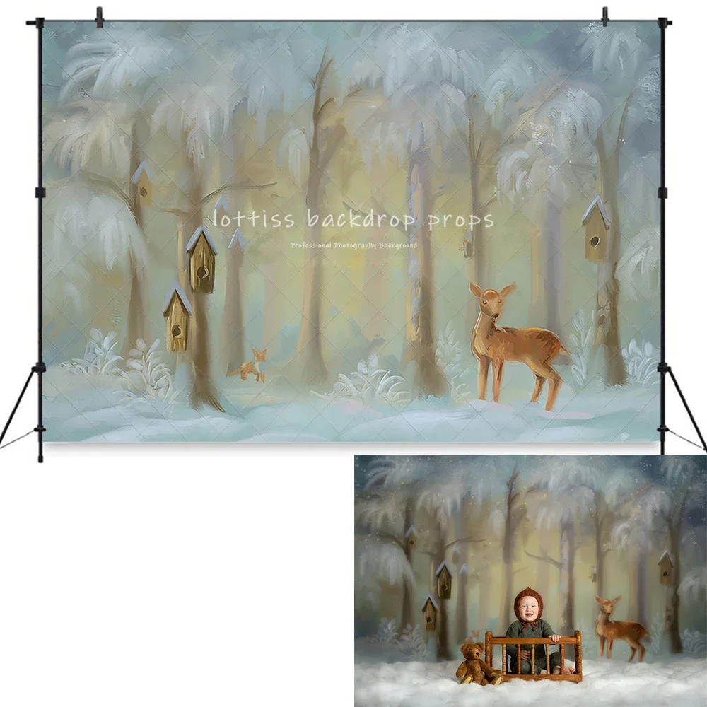 

Winter Forest Photography Backdrops Kids Baby Photocall Props Xmas Snowy Trees Deer Background Studio Decor