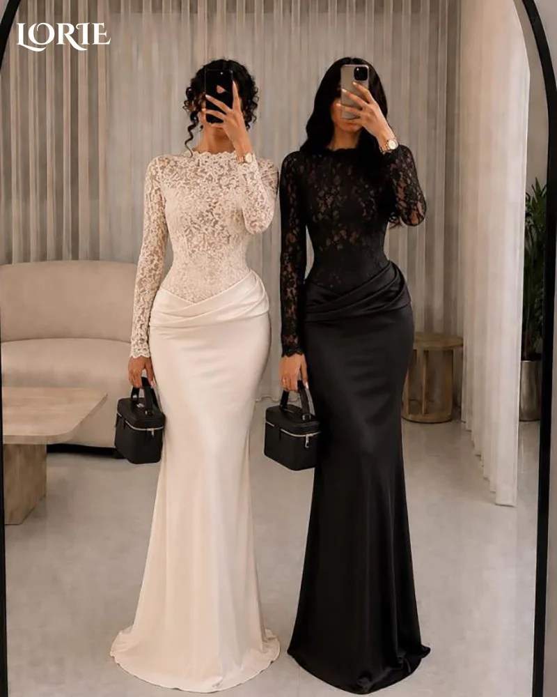 LORIE 3D Flowers Mermaid Wedding Dresses High Collar A-Line Lace Pleats Long Sleeve Bridal Gown Church Bride Dress Customized