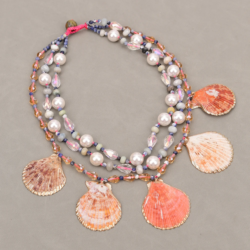 APDGG A128 Handmade 3 Rows Natural Mix Stone Amazonite Shell Crystal Multi Strands Necklace