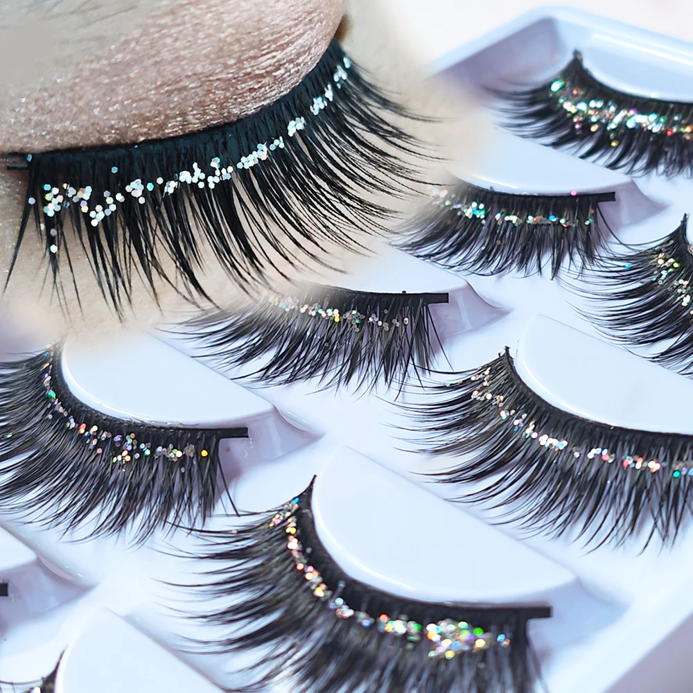 5 pares de maquiagem glitter cílios conjunto brilhante cílios festa mostrar passarela palco dramático olhando cílios extensão cosméticos