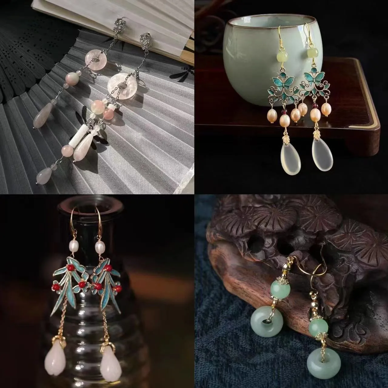 Vintage Design Jade Pendant Earrings for Women Ancient Palace Style Luxury Jewelry Water Drop Butterfly Shaped Ear Clip Earring