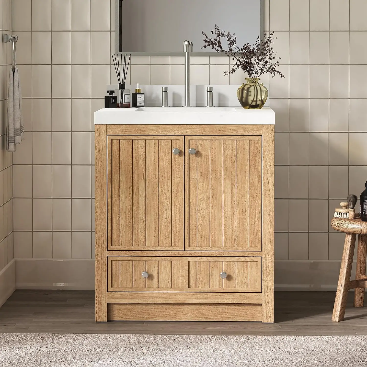 30 Inch Bathroom Vanity with Sink, Freestanding Modern Vanity Cabinet with Adjustable Shelves,1 Soft-Close Drawer &, Customized