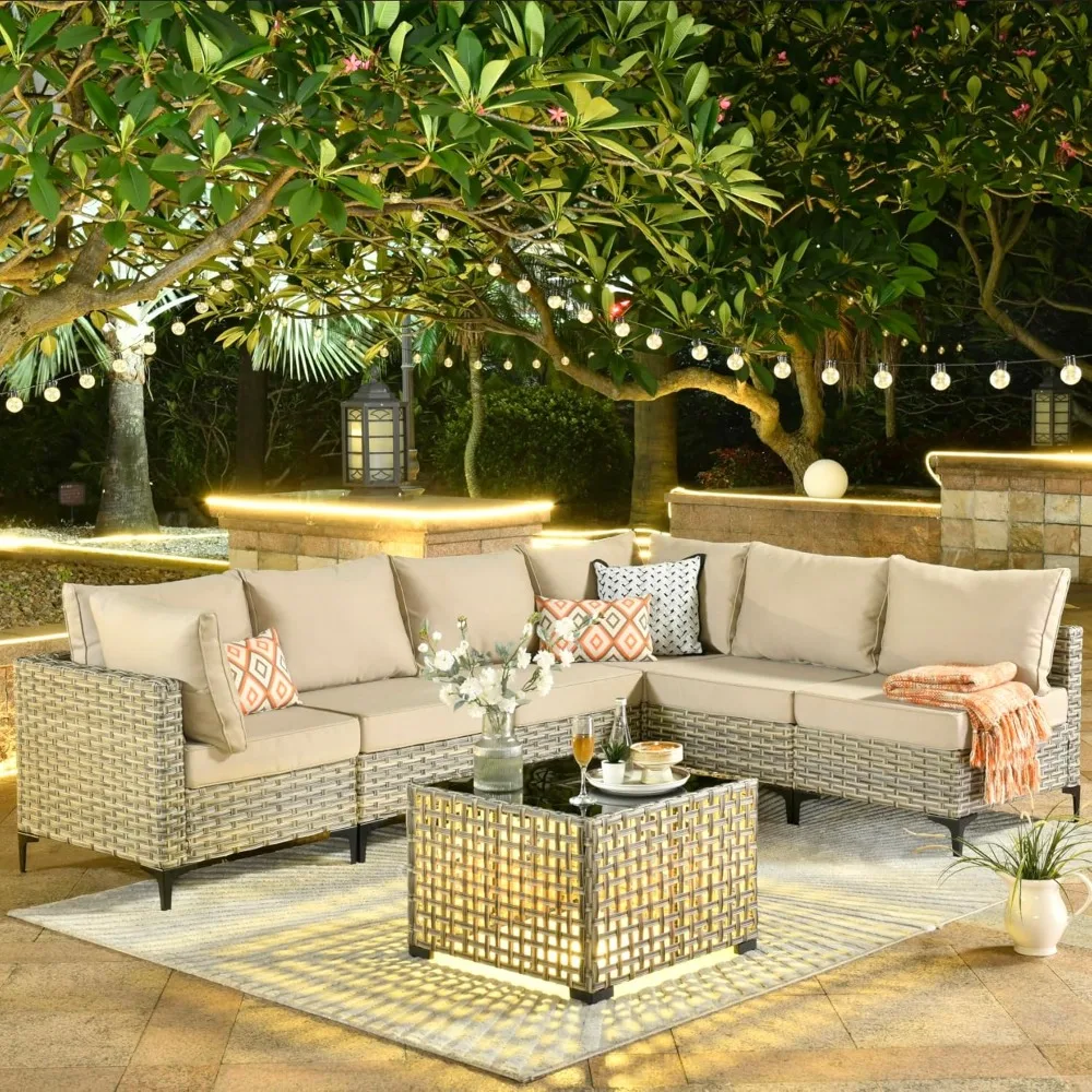 

7 Piece Outdoor Patio Furniture with Glowing Coffee Table, Rattan Wicker Coversation Set with Sofa, Sectional Single Chairs