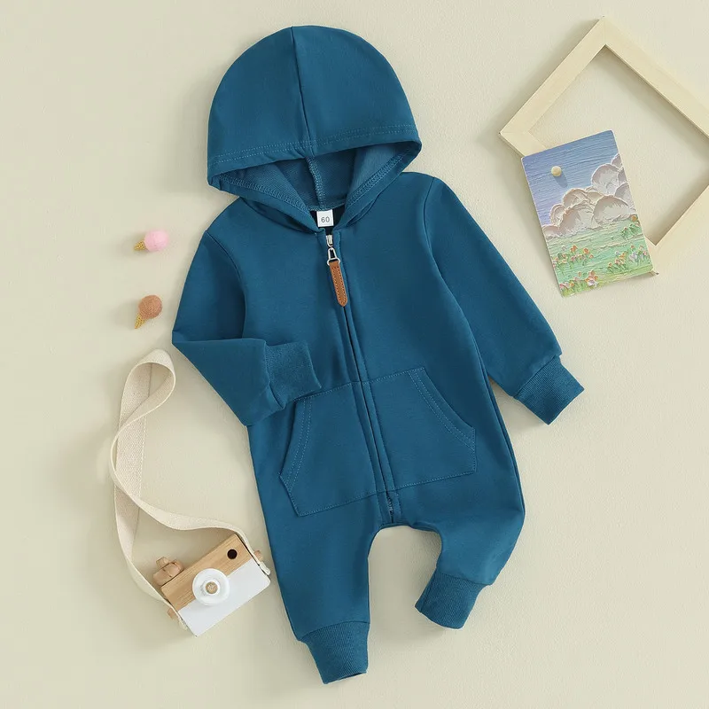 RUEWEY Baby Girl Boy Clothes Newborn Spring Autumn Hooded Romper 2023 Solid Color Zipper Jumpsuit for Kids Baby Items Clothing