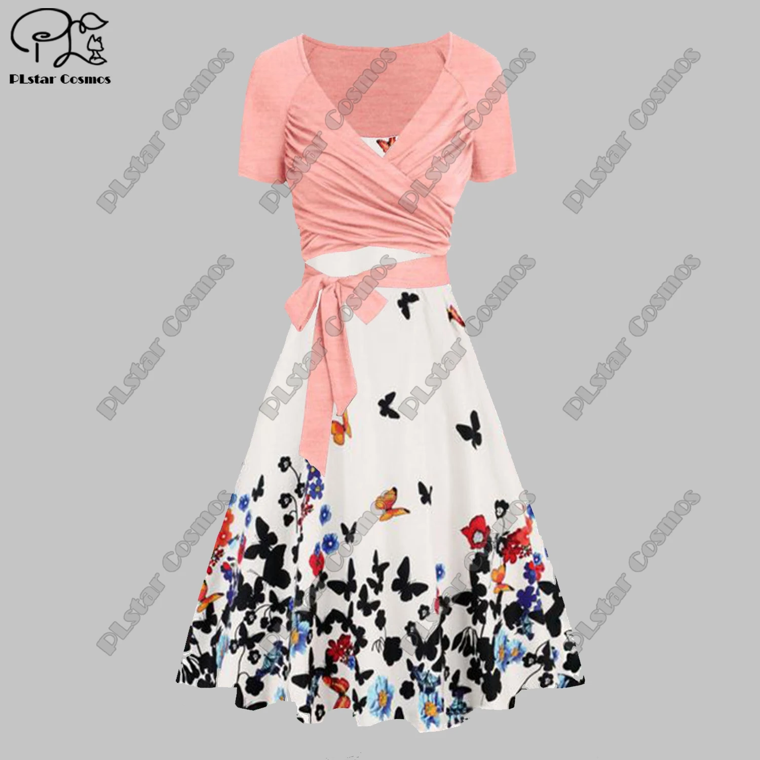 

PLstar Cosmos 3D printing ladies floral A-line suspenders skirt bow twill top two-piece summer