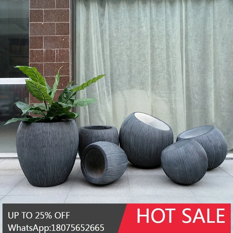 HLZ Simple Nordic Glass Fiber Gray Striped Hemisphere Flower Pot Set Hotel Mall Club Green Plant Decoration