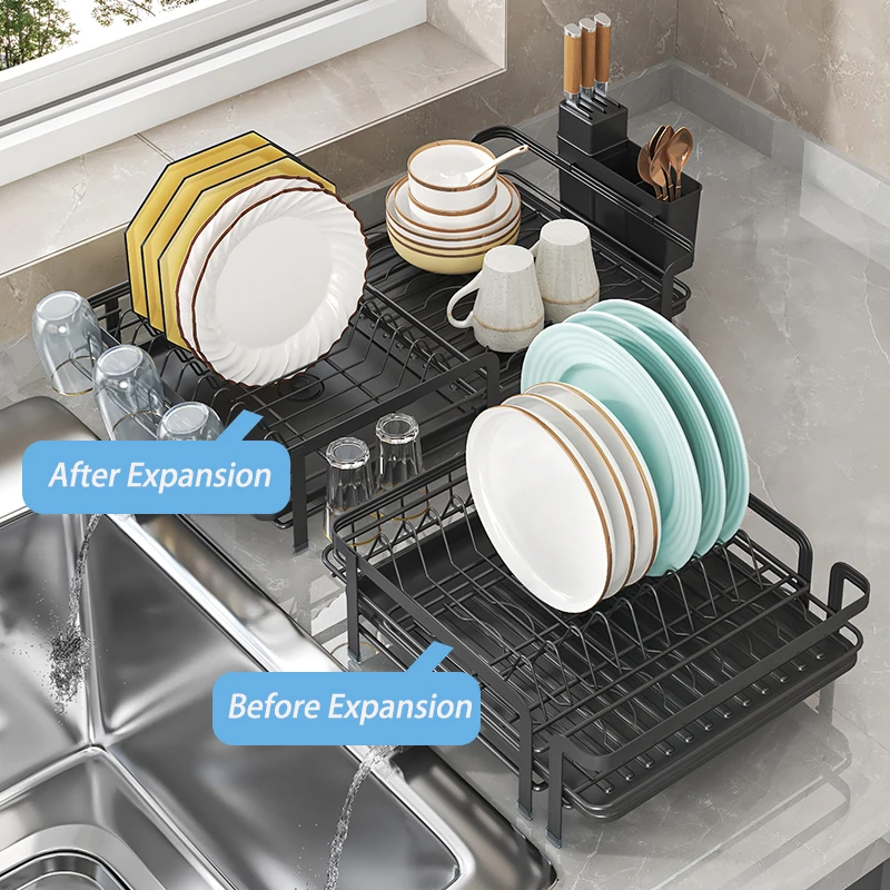 رف تجفيف الأطباق الكبير مع لوح تصريف، رف أطباق قابل للتوسيع لطاولة المطبخ، حامل أواني وخطافات أكواب، مقاوم للصدأ