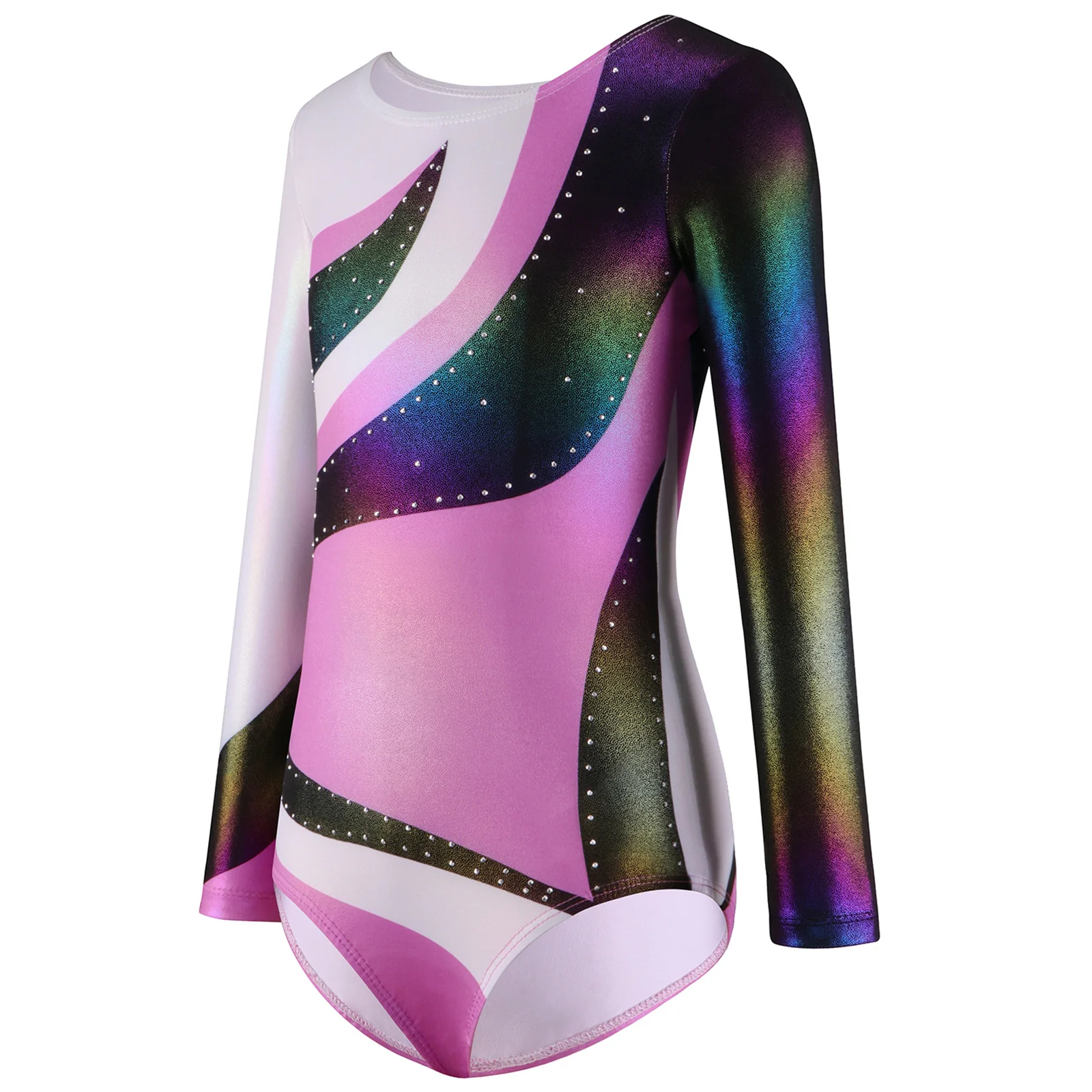 Kids Girls Gymnastics Outfit Rhinestones Decorated Metallic Contrast Color Long Sleeve Leotard with Hair Band for Competition