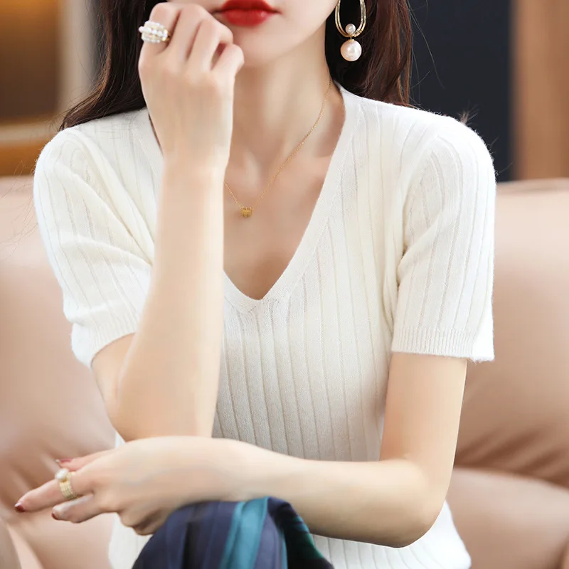 

Spring Summer New Sle Women's Slim Fit Knitted Top V-Ne ort Sve Base Layer f Sve irt Faionable Casual Wear