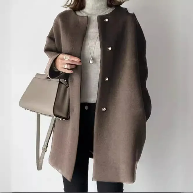 High-quality Straight Coat Women's 2025 Autumn and Winter Temperament Solid Color Simple Woolen Coat Top