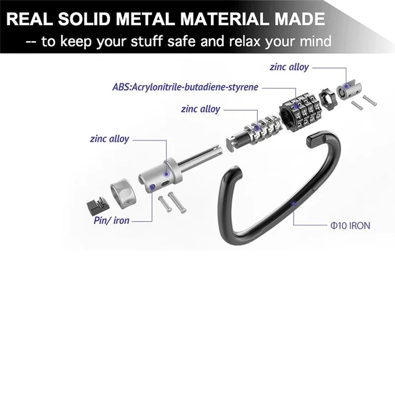 Fechaduras de combinação, clipes de mosquetão resistentes de 4 dígitos, bloqueio de código em forma de d para bloqueio de cabo de segurança de bicicleta em loop