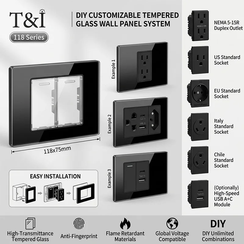 118 Series Tempered Glass Wall Plate 2x4 Inch,DIY Modular Design with NEMA 5-15R Duplex Outlet and Multi Standard Socket Modules