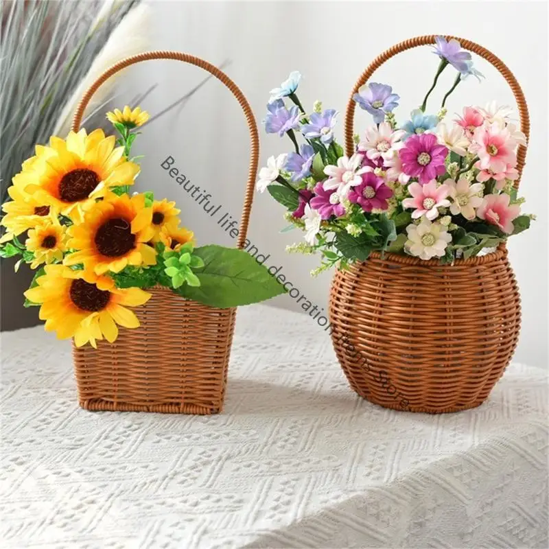 

XX9B Handheld Storage Basket Rattan Flower Basket with Handles Handwoven Baskets Versatiles Decorations Handmade Gift