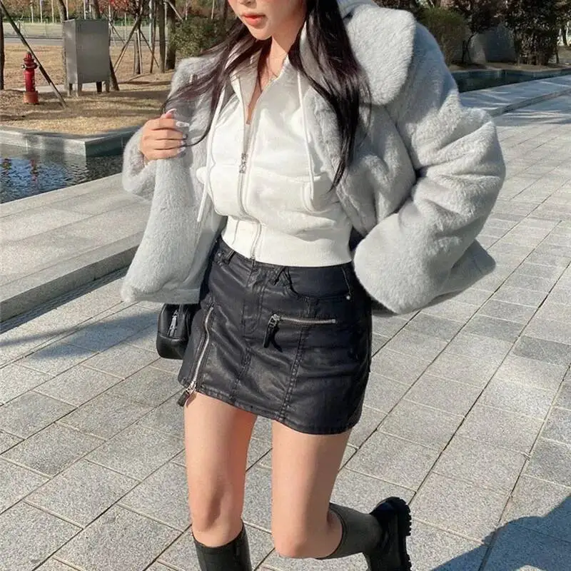 

Autumn Winter Hooded Jacket Women Fashion Streetwear High Wiast Short Sweatshirts Female Haruku Long Sleeve Hoodies Coat