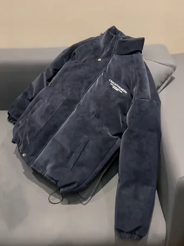 

Thiened Winter Jaet for Men in k Blue PU Leather Stand Collar Cotton Outdoor Windproof And Warm Coat Youth Faion