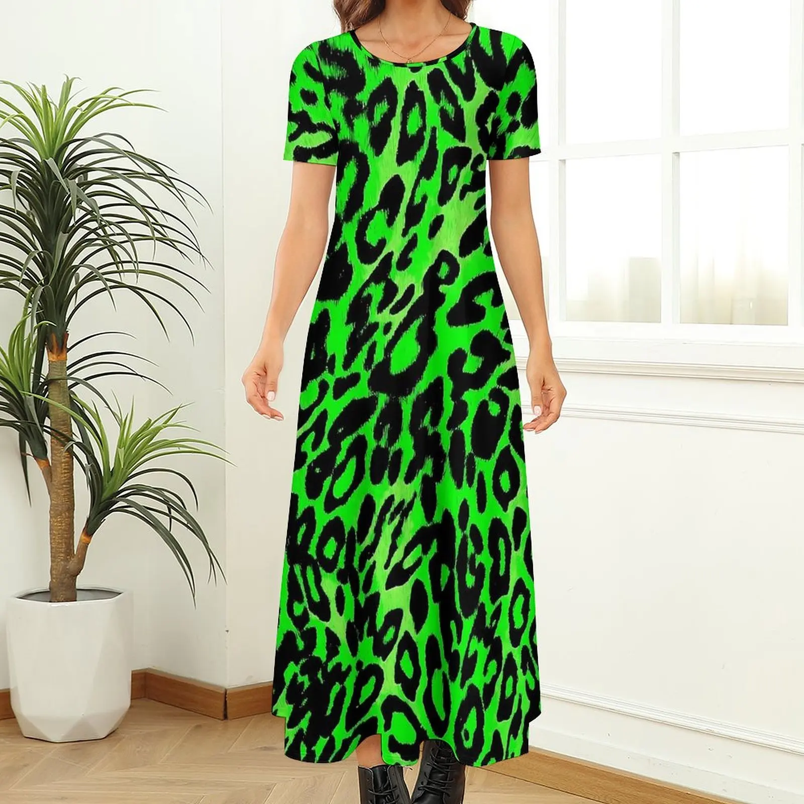 Grünes Kleid mit Leoparden-Textur, Tier-Retro-Maxikleid, Street-Style, Boho-Strand, lange Kleider, Damen, kurzärmelig, übergroße Kleidung