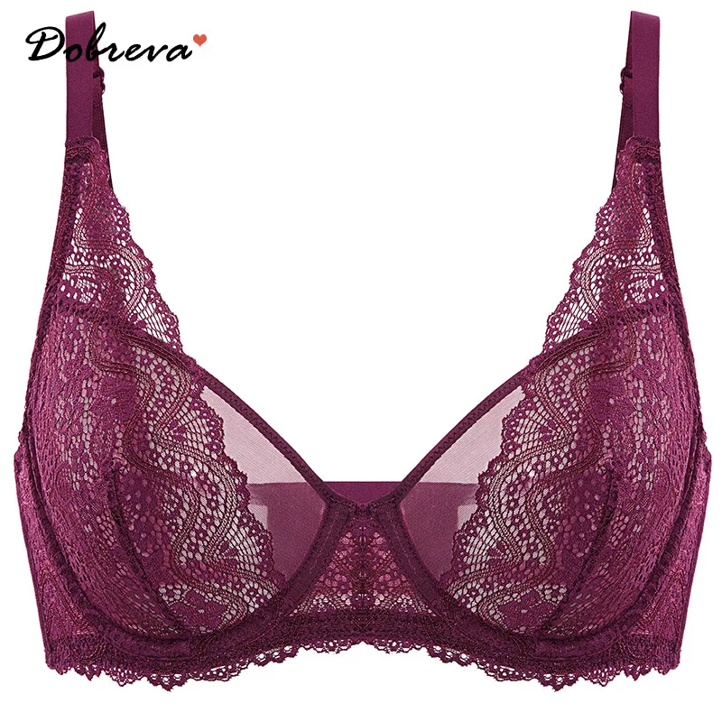 

DOBREVA Minimizer Bra for Women Plus Size Sexy Sheer Lace Unlined Underwire See Through Mesh Bralette