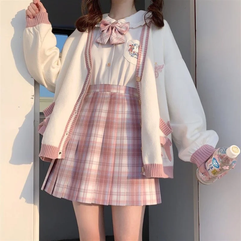 Winter Japanese Kawaii Fashion Pink Cardigan Women Harajuku Knitted Sweater Cute Bow Heart Korean College Style JK Uniform Coat