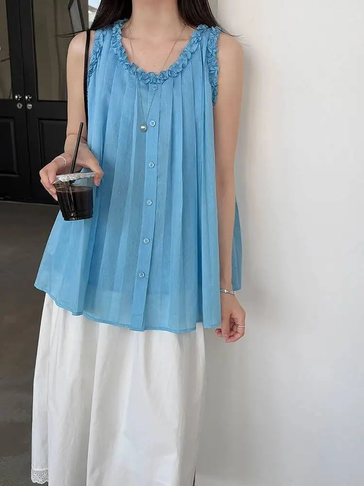 Blue Ruffles Women Pleated Elegant Tank Tops New Round Neck Sleeveless Personality Fashion  Spring Summer 2026 EKBJ