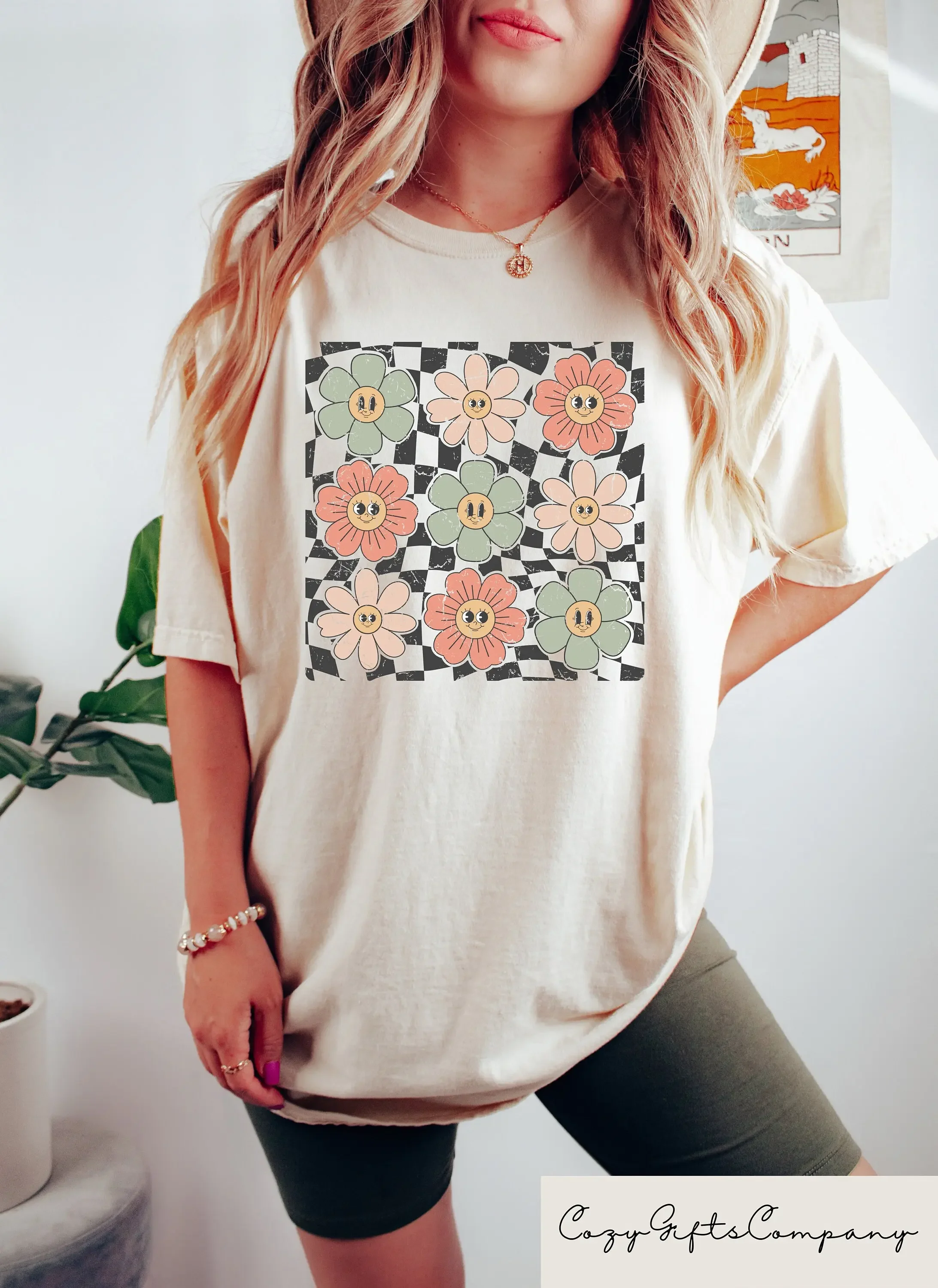 

Plus Size Summer Women's Vintage Checkered Flower Print T-Shirt Cotton Breathable Stylish Versatile Street Style Oversized