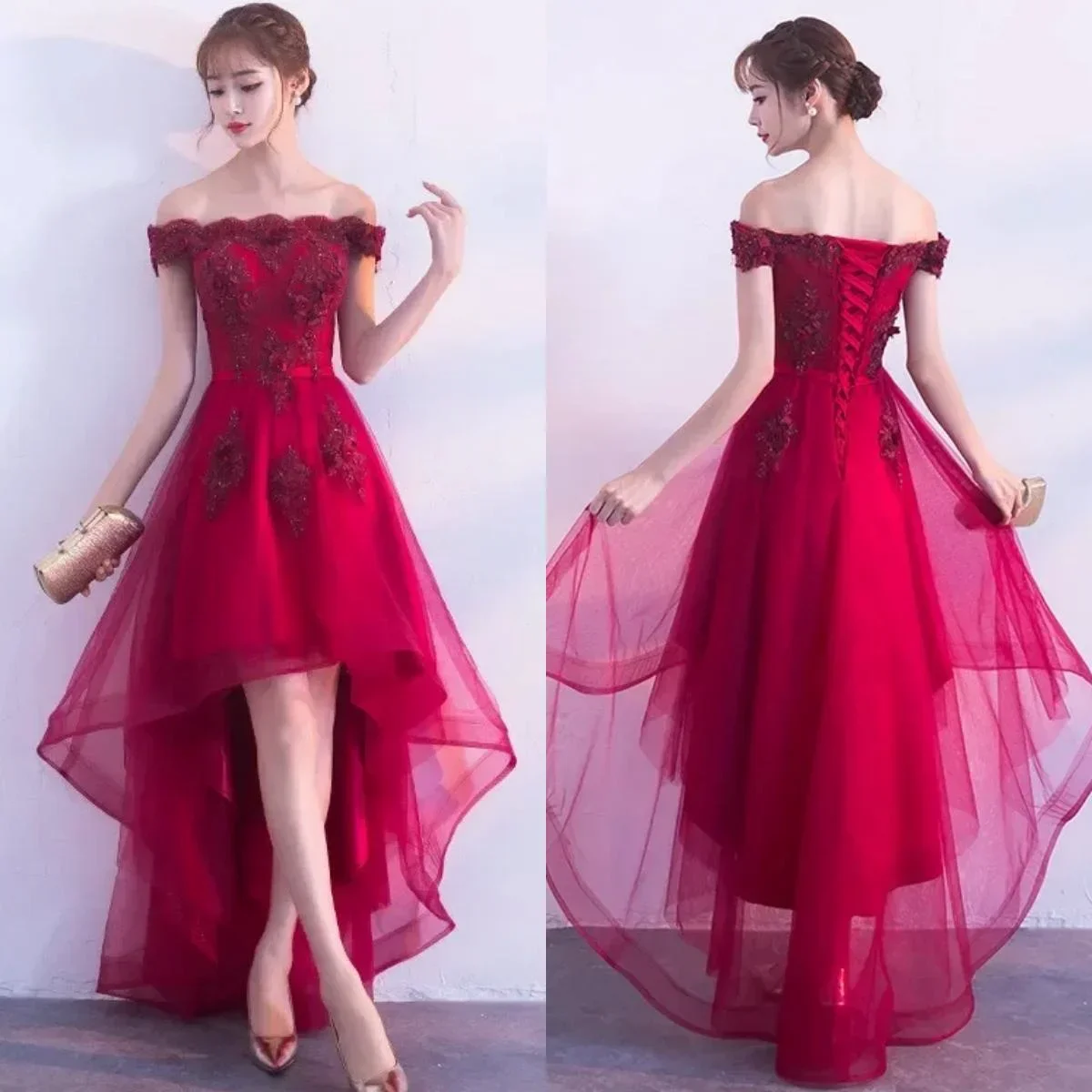 

Evening Dress Wine Red Off the Shoulder Floral Appliques High Low Tea-Length Plus size Lace up Women Formal Party Gown H063