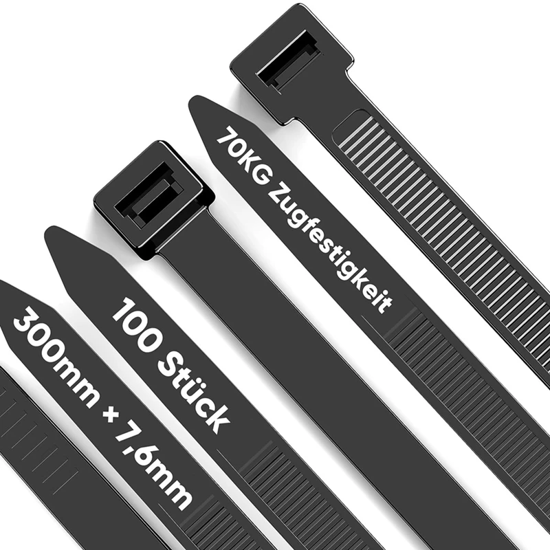 100 Pack Black Cable Zip Heavy Duty 12 Inch, 7.6Mm Strong Plastic Wire Ties With 70Kg Tensile Strength, UV Resistant