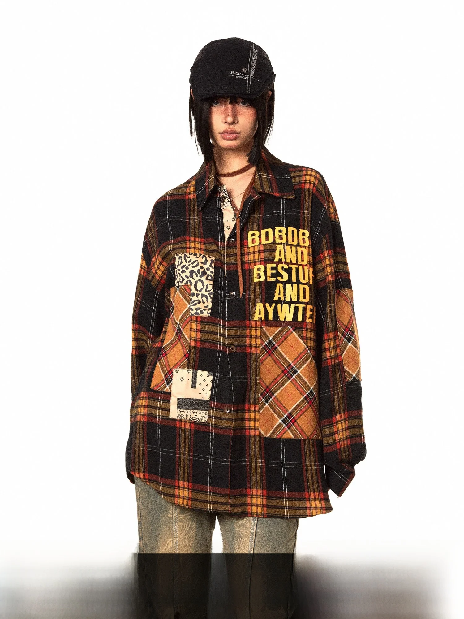 

Retro Patchwork Print Plaid Casual Long Sve irt Street Sle Cotton Blend Regular Fit Button up Women's Faion Top