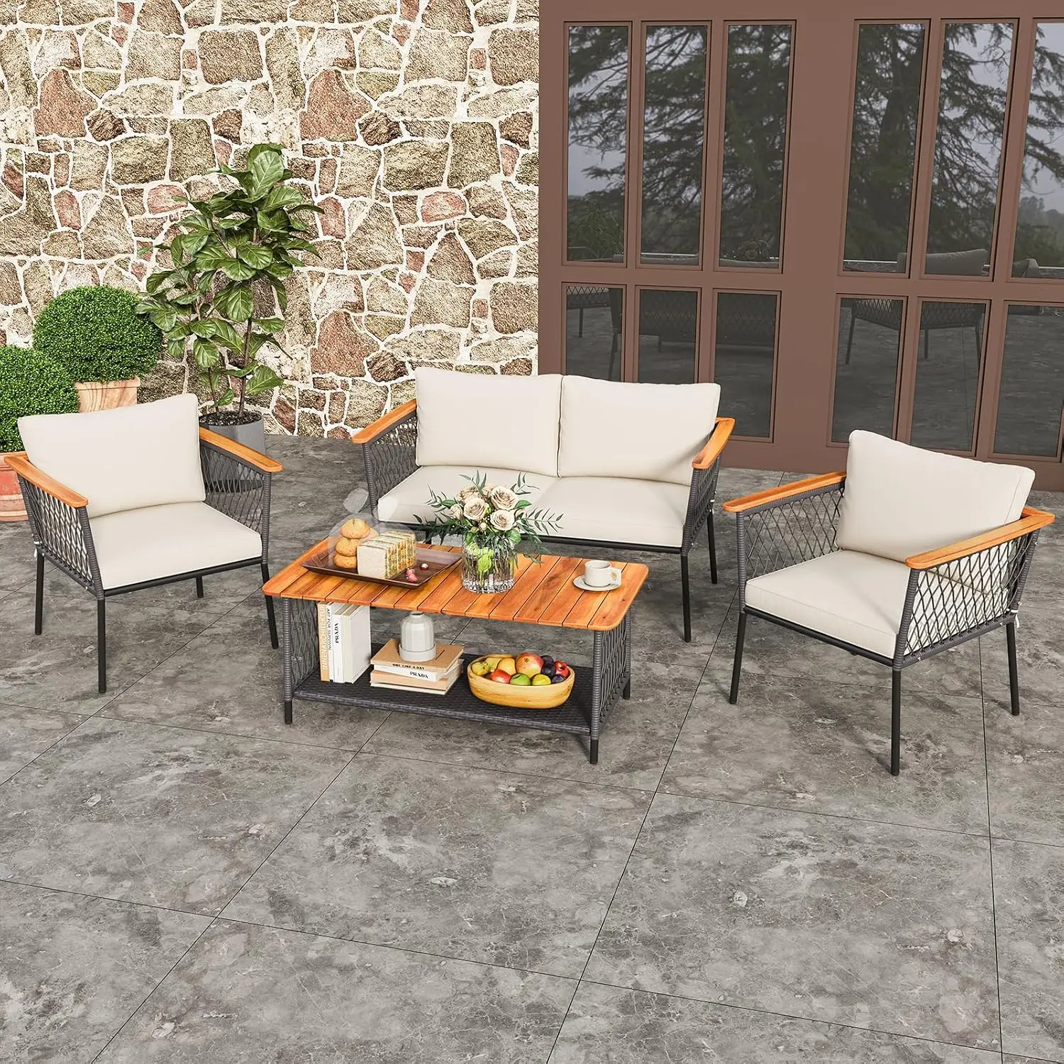 Rattan Patio Set w/Wood Armrests & Tabletop, 2-Tier Coffee Table, Soft Cushions, Outdoor Conversation Set, Customized
