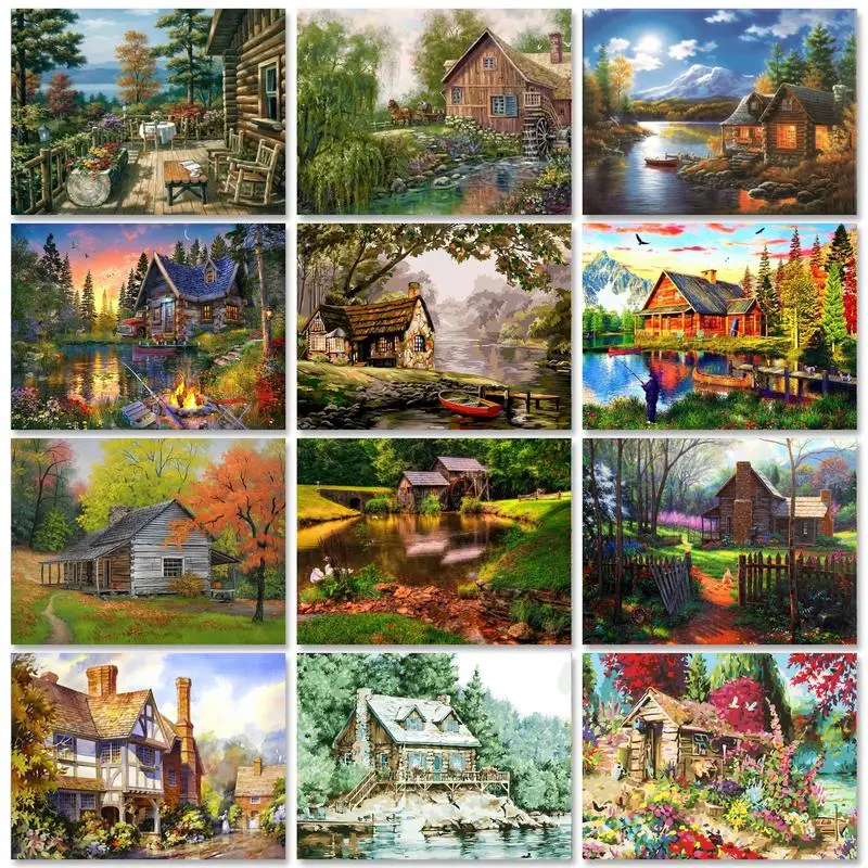 GATYZTORY Diy Painting by numbers Kits Chalet Landscape Canvas painting Oil Handpainted Kill time For Living room decoration