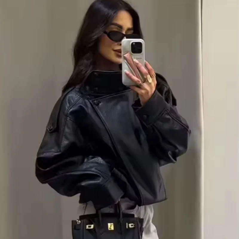 Veste femme 2025 nouvelle mode automne noir à manches longues galets Faux cuir veste moto Style personnalité dames veste