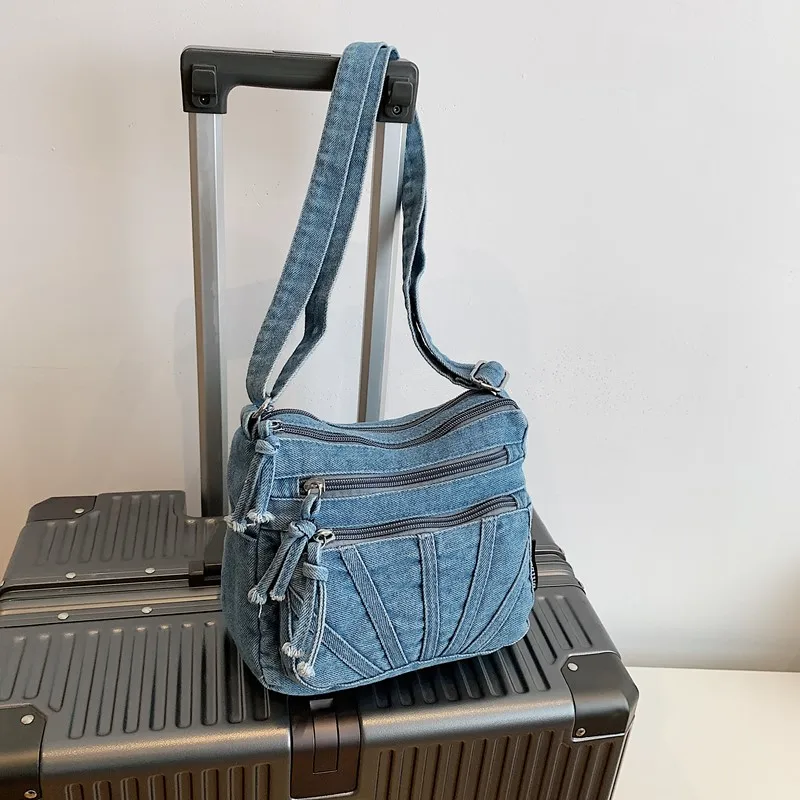 

Многослойная холщовая сумка-мессенджер с карманом на молнии для женщин, повседневная сумка в стиле ретро, джинсовая сумка для отдыха, путешествий, кошелек через плечо для телефона