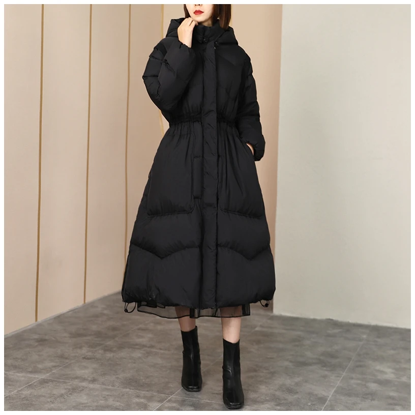 الكورية نمط سميكة الدافئة فضفاضة مقنعين طويلة أسفل معطف المرأة الشتاء حزام الخصر الموضة #6