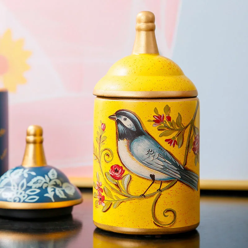 Vintage Ceramic Kitchen Canister Jars Storage Bottles Retro Tea Candy Tin Sugar Pot Pastoral Bird Printing Painted Storage Cans