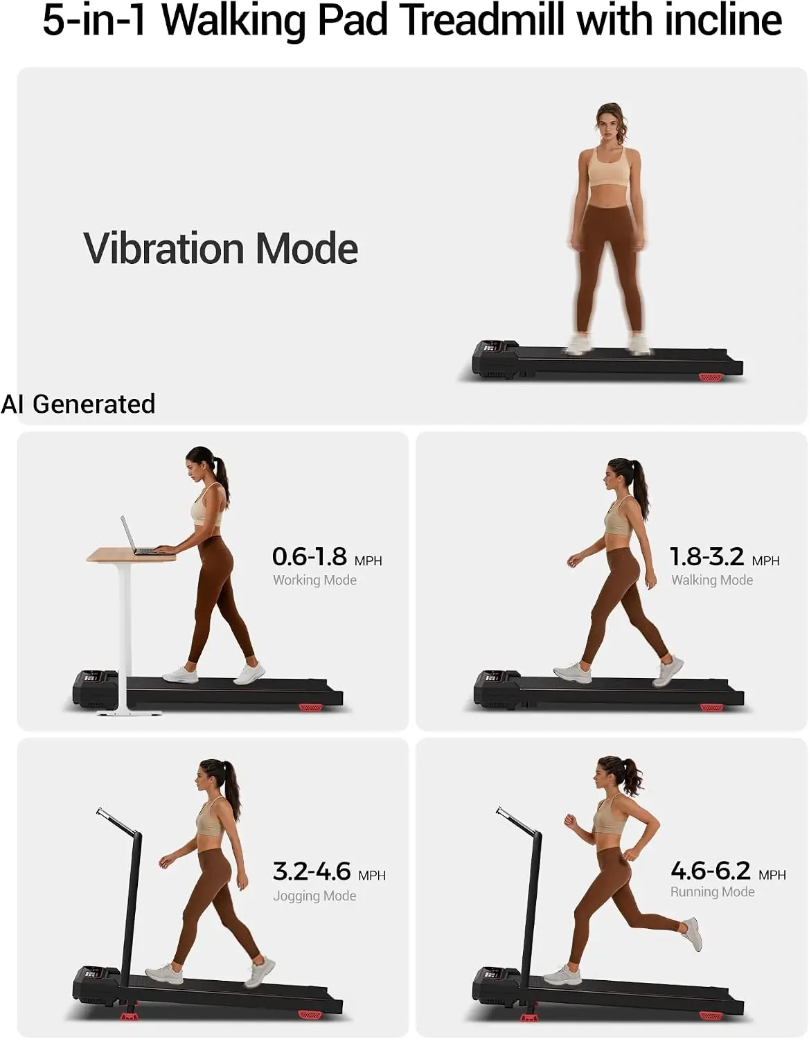 Walking Pad with Vibration Plate, 5-in-1 Modes Including Hill Climb, 3-Level Vibration, 45dB Quiet Motor, 0.6–6.2 MPH, 265 lbs Capacity