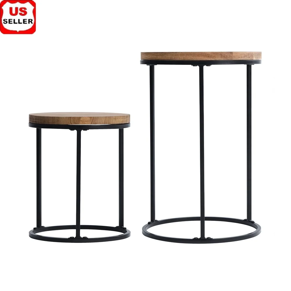 

Acacia Wood Top Plant Stand Set of 2 Durable Iron Support Indoor Outdoor Use Easy Assembly Display Potted Plants