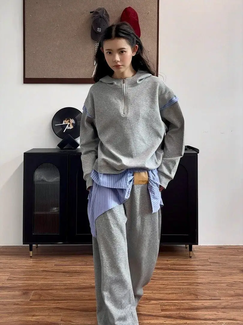 American Retro Sports Suit Women'S Early Autumn New Item Fake Two-Piece Hooded Top Paired With Wide Leg Pants Two-Piece Set