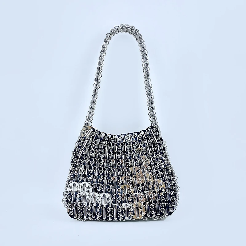 Shiny vintage iron sheet bag, hand-woven silver sequins, metal dumpling bag, mobile phone bag, handbag, shoulder bag