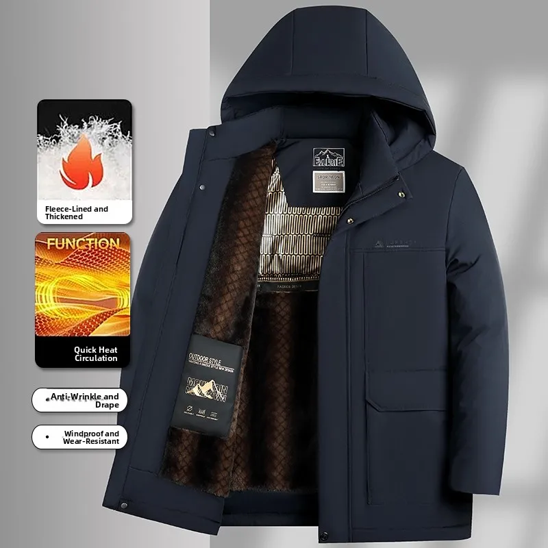 

Теплая хлопковая куртка с флисовой подкладкой и капюшоном для мужчин среднего возраста, повседневная, модная, городская, с длинными рукавами, стандартный крой