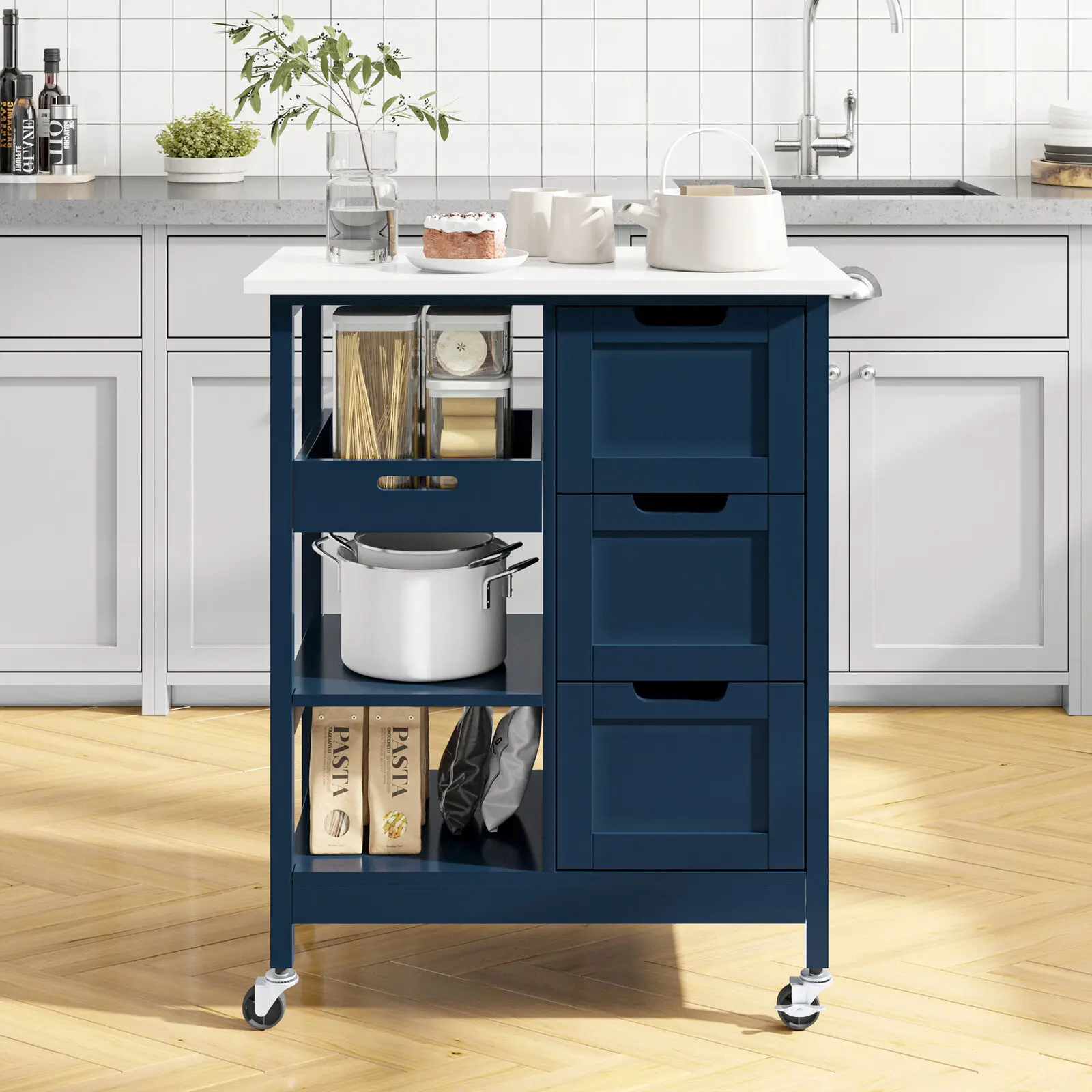 

Wooden Kitchen Island Cart Trolley Stand Storage Drawers Shelves with Wheels