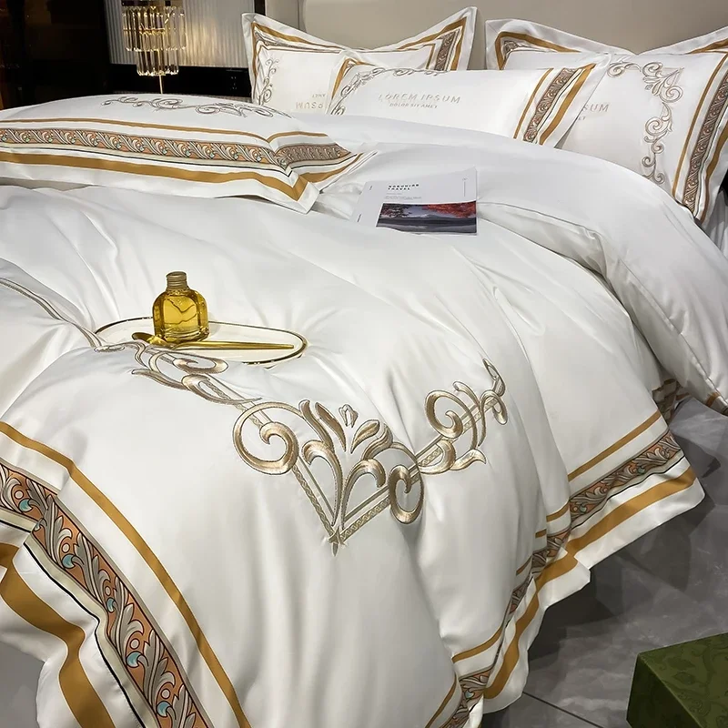 

European Style Gold Edge Embroidered Bedding Set Luxury White Satin Cotton Duvet Cover Bed Sheets Pillowcases King Queen Size